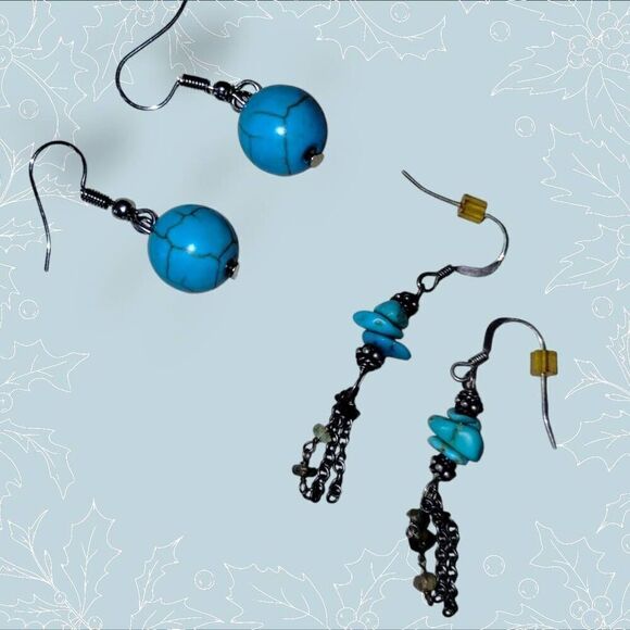 Womens Turquoise Earrings (2) Round Balls Stainless Wires Sterling Stone‎ Chips - Picture 2 of 4